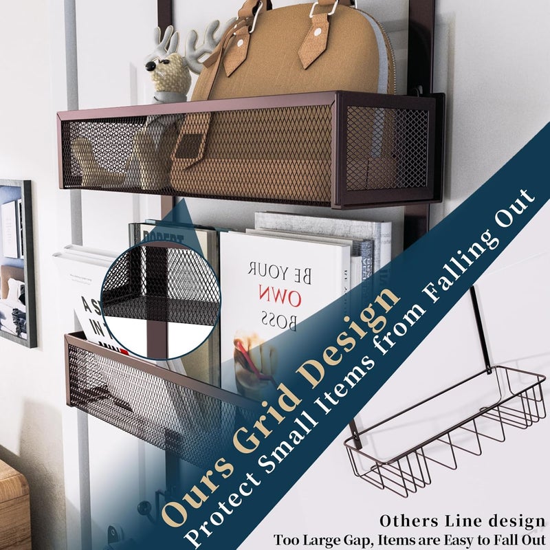 Consumest Over The Door Hooks Organizer - Extra Long Door Hanger with 9 Coat Hooks & 2 Mesh Basket, Back Storage Organizer Hanging Towels for Bathroom, Bedroom, Bronze (for 1.76in Doors) - Image 2